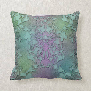 Cojín Decorativo Verde angustiado Turquesa Púrpura Damasco Arte Mod
