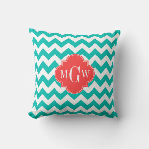 Cojín Decorativo Verde azul blanco Chevron Coral Cuatrefoil 3 Monog