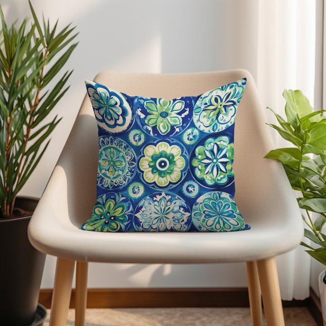 Cojín Decorativo Verde Azul Turquesa Floral Boho (Navy Green Turquoise Boho Floral Throw Pillow)
