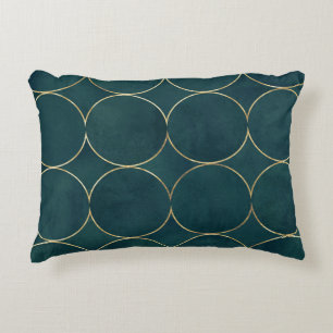 Cojín Decorativo Verde azulado oscuro, Círculos dorados acuarela.