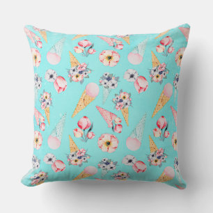 Cojín Decorativo Verde azulado Verano Divertido Flor Helado Cono -