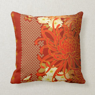 Cojín Decorativo Verde blanco rojo de las mamáes florales japonesa