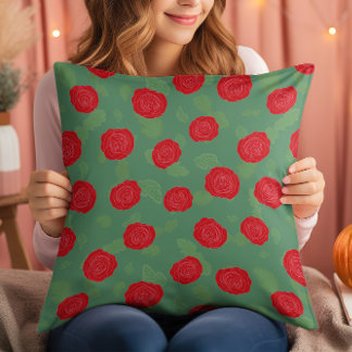 Cojín decorativo, Verde Con Rosas Rojas. Cojín lum