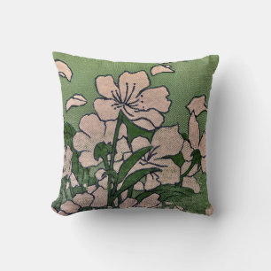 Cojín decorativo verde de flores rosadas