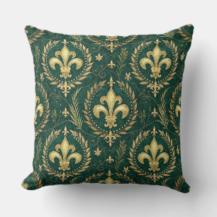 Cojín Decorativo Verde Esmeralda y Patrón de Damasco Real con Crest