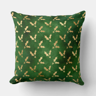 Cojín Decorativo Verde festivo y acebo de Navidad de hoja dorada