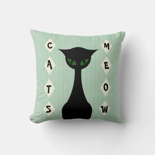 Cojín Decorativo Verde Mediados de-Siglo-Moderno del maullido retro (Anverso)