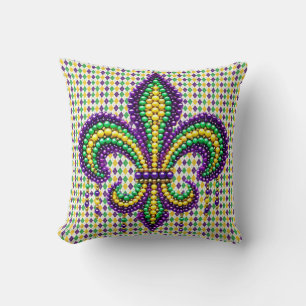 Cojín Decorativo Verde morado Mardi Gras fleur de lis