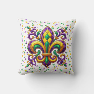 Cojín Decorativo Verde morado Mardi Gras fleur de lis