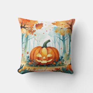 Cojín Decorativo Verde naranja acuarela otoño calabazas bosque