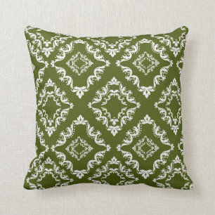 Cojín Decorativo verde oliva oscuro y damasco de diamantes blancos