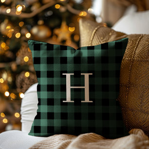 Cojín Decorativo VERDE Plaid de Búfalo Negro Monograma Vacaciones