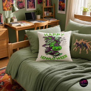 Cojín Decorativo Verde Púrpura Feliz Día de Brujas Lobo Monopatín