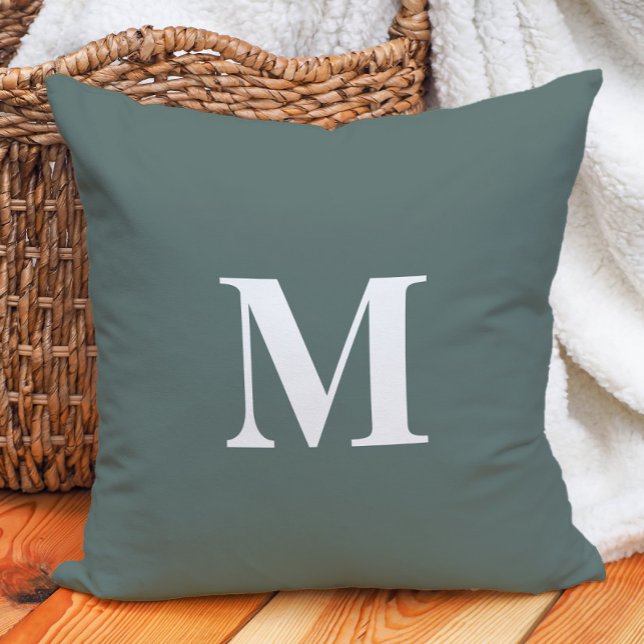 Cojín Decorativo Verde Sabio Profundo Monograma Blanco (Deep sage green white monogram decorator pillow)
