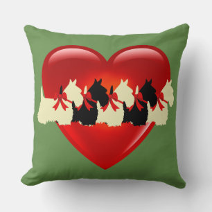 Cojín Decorativo Verde salvia, 6 perros Terrier escoceses, corazón 