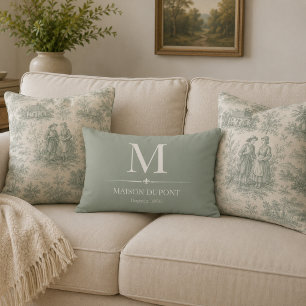Cojín Decorativo Verde Salvia Monograma Vintage Francés Campo Rústi