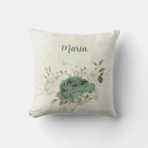 Cojín Decorativo verde salvia y flor blanca