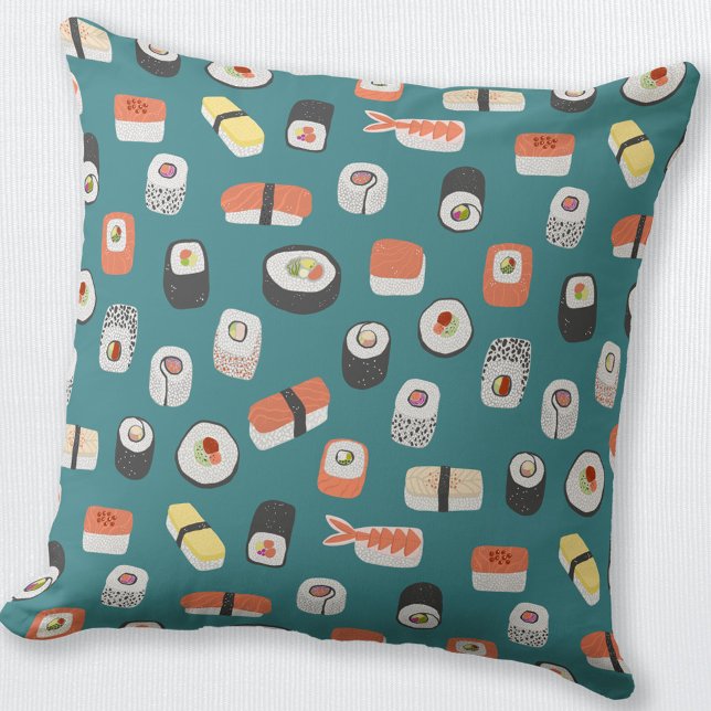 Cojín Decorativo Verde Verde azulado sushi (Japanese sushi nigiri maki roll teal food art throw pillow)