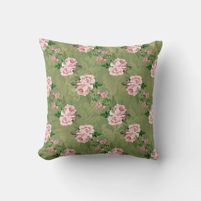 Cojín Decorativo Verde y oro con rosas rosas rosas rosas (Anverso)