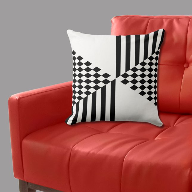 Cojín Decorativo Verificadores de diamantes geométricos de franjas  (Geometric White & Black Stripes Diamond Checkers Throw Pillow)