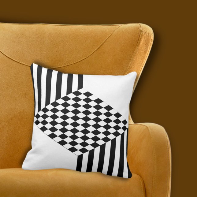 Cojín Decorativo Verificadores de diamantes geométricos de franjas  (Geometric White & Black Stripes Diamond Checkers Throw Pillow)