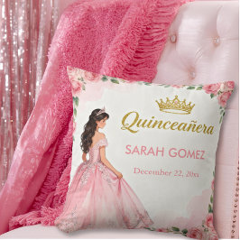 Cojín Decorativo Vestido de Princesa Rosa Tiara Dorada Quinceañera