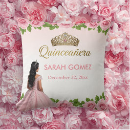 Cojín Decorativo Vestido de Princesa Rosa Tiara Dorada Quinceañera