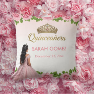 Cojín Decorativo Vestido de Princesa Rosa Tiara Dorada Quinceañera