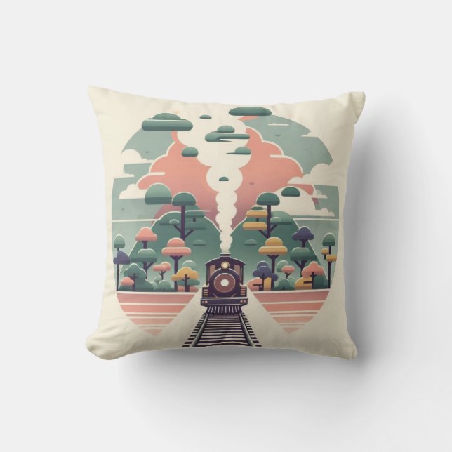 Cojín Decorativo Viaje caprichoso en tren: Paisaje estilo retro (Anverso)