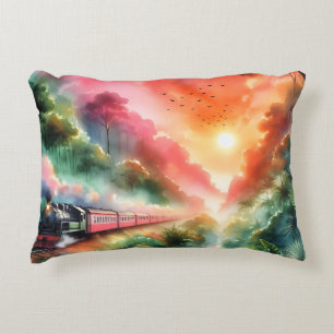 Cojín Decorativo Viaje en tren al atardecer tropical acuarela