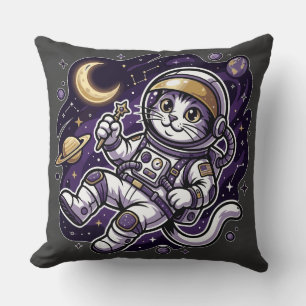 Cojín Decorativo Viajero Celestial: Gato Astronauta Espacial Morado