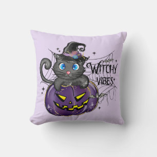 Cojín Decorativo Vibes de brujería   Gato negro brujo y Jack-O-Lant