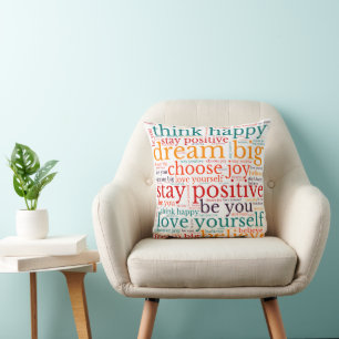 Cojín Decorativo Vibes positivas Patrón de WordArt Multicolor en bl