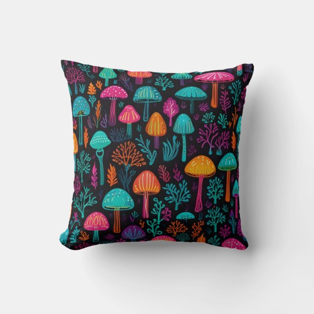 Cojín Decorativo Vibrant Neon Mushroom Magic: Unique Patterns  (Anverso)