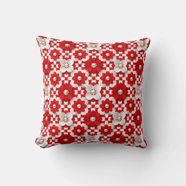 Cojín Decorativo Vibrant Red And White Floral Pattern With Pearl (Anverso)