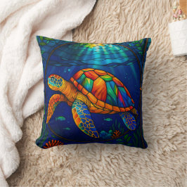 Cojín Decorativo Vibrant Stained Glass Sea Turtle Ocean Design