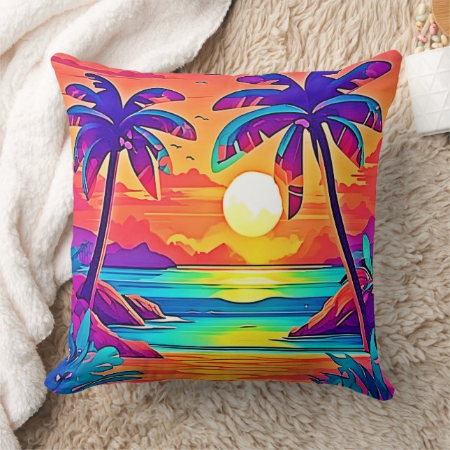 Cojín Decorativo Vibrante arte tropical del atardecer (Manta)