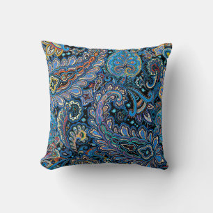 Cojín Decorativo Vibrante patrón de cachemira en azul sobre negro