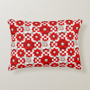Cojín Decorativo Vibrante Patrón Floral Rojo y Blanco con Perla