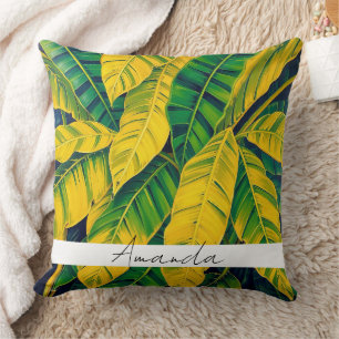 Cojín Decorativo Vibrante patrón verde y amarillo de hoja de plátan