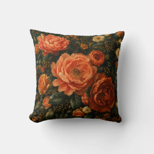 Cojín Decorativo Vibrante Peonía Coral y Rosa Floral Vintage