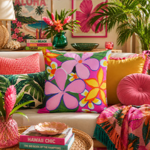 Cojín Decorativo Vibrante Plumeria Pop Art Rosa Amarillo Retro