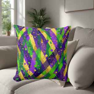 Cojín Decorativo Vibrante púrpura verde dorado rayas Mardi Gras fre