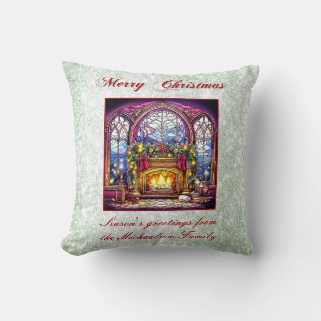 Cojín Decorativo Vibrante Purpurina Verde Vidrio Manchado Chimenea  (Anverso)