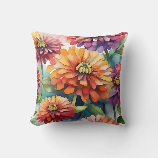 Cojín Decorativo Vibrante Zinnia florece abstracto acuarela (Anverso)