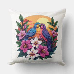 Cojín Decorativo Vibrantes aves amorosas al atardecer con flores tr