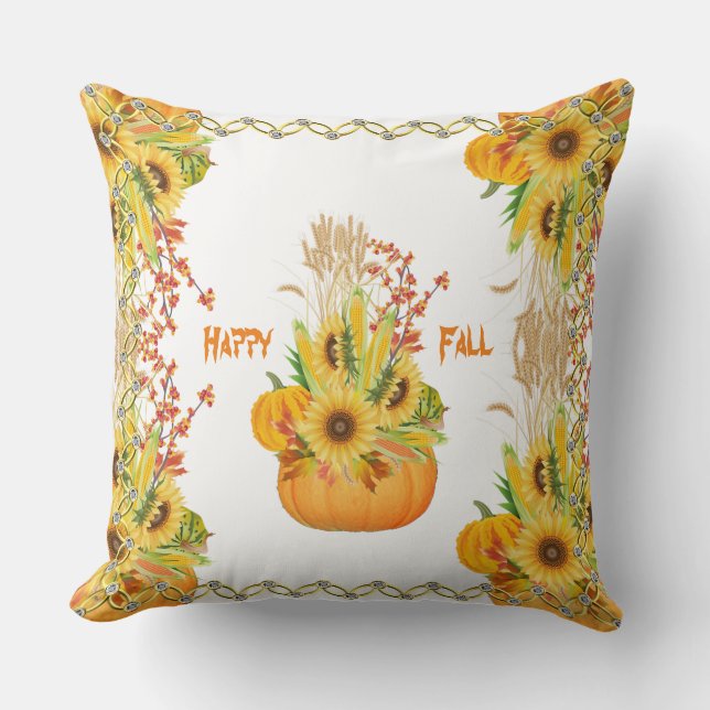 Cojín Decorativo Vibrantes Calabazas de otoño acuarela girasoles ve (Anverso)