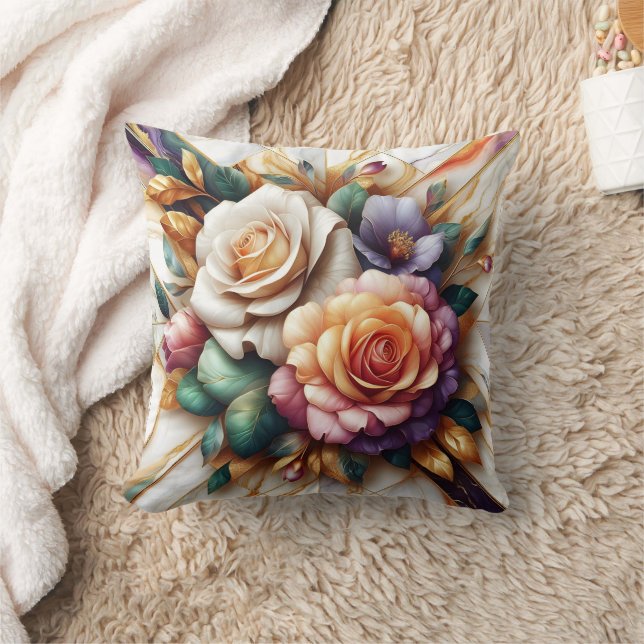 Cojín Decorativo Vibrantes Rosas con hojas sobre fondo de mármol (Manta)