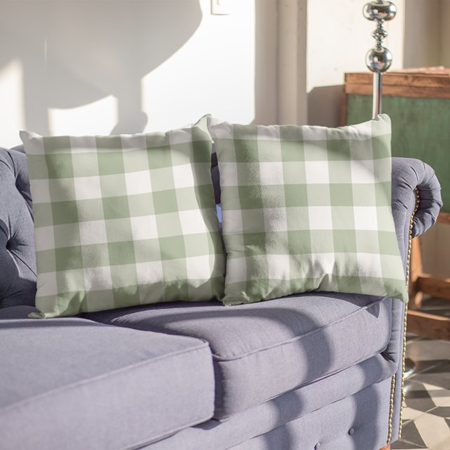 Cojín Decorativo Vichy verde salvia y blanco (Sage Green and White Gingham Plaid Throw Pillow)