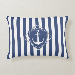 Cojín Decorativo Vida de marinero, rayas azules cobálticas y ancla